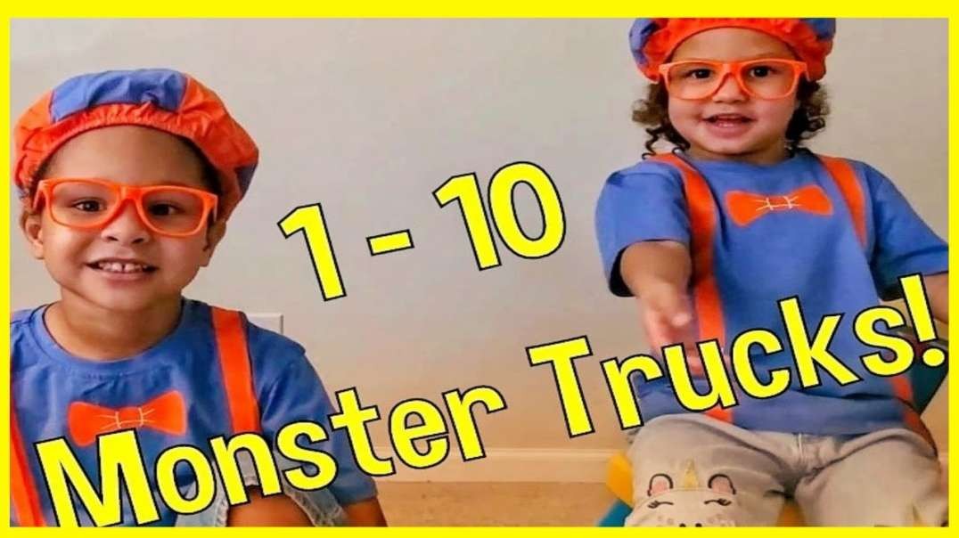 ⁣Count 1-10 with Monster trucks and Blippi fans Oliver and Liz