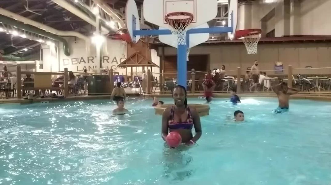 Mama Diva makes backwards basketball shots at Great Wolf Lodge